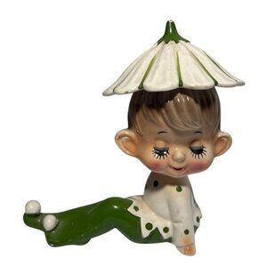 Elf Pixie Figure Green White Flower Hat Anthropomorphic MCM Japan 5" Long